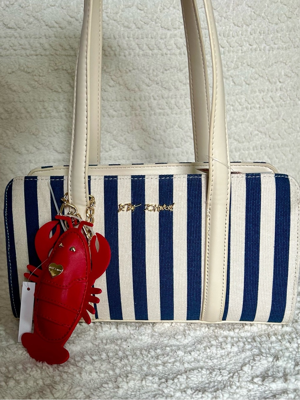 Betsey Johnson XOLUCY Satchel/Shoulder Bag Nautical Blue White Stripes Lobster